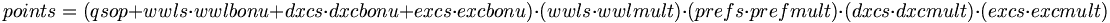 points = ( qsop + wwls \cdot wwlbonu + dxcs \cdot dxcbonu + excs \cdot excbonu ) \cdot ( wwls \cdot wwlmult ) \cdot ( prefs \cdot prefmult ) \cdot ( dxcs \cdot dxcmult ) \cdot ( excs \cdot excmult )